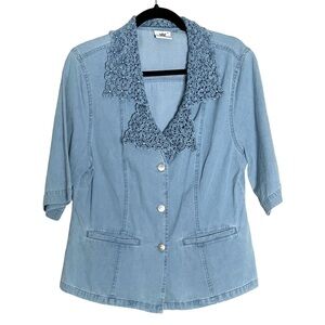Lafei Nier Vintage Crochet Chambray Crystal Button Down Shirt Size M/L
